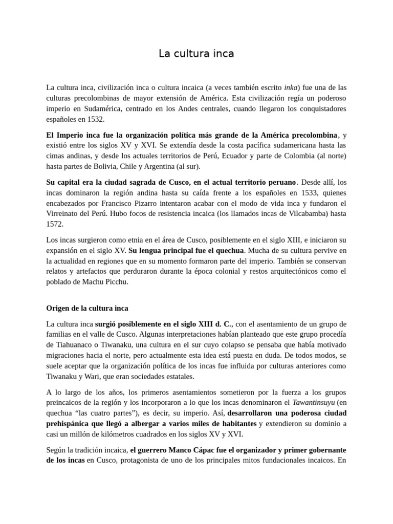 Cultura y organización del Imperio Inca | PDF | Imperio Inca | Perú