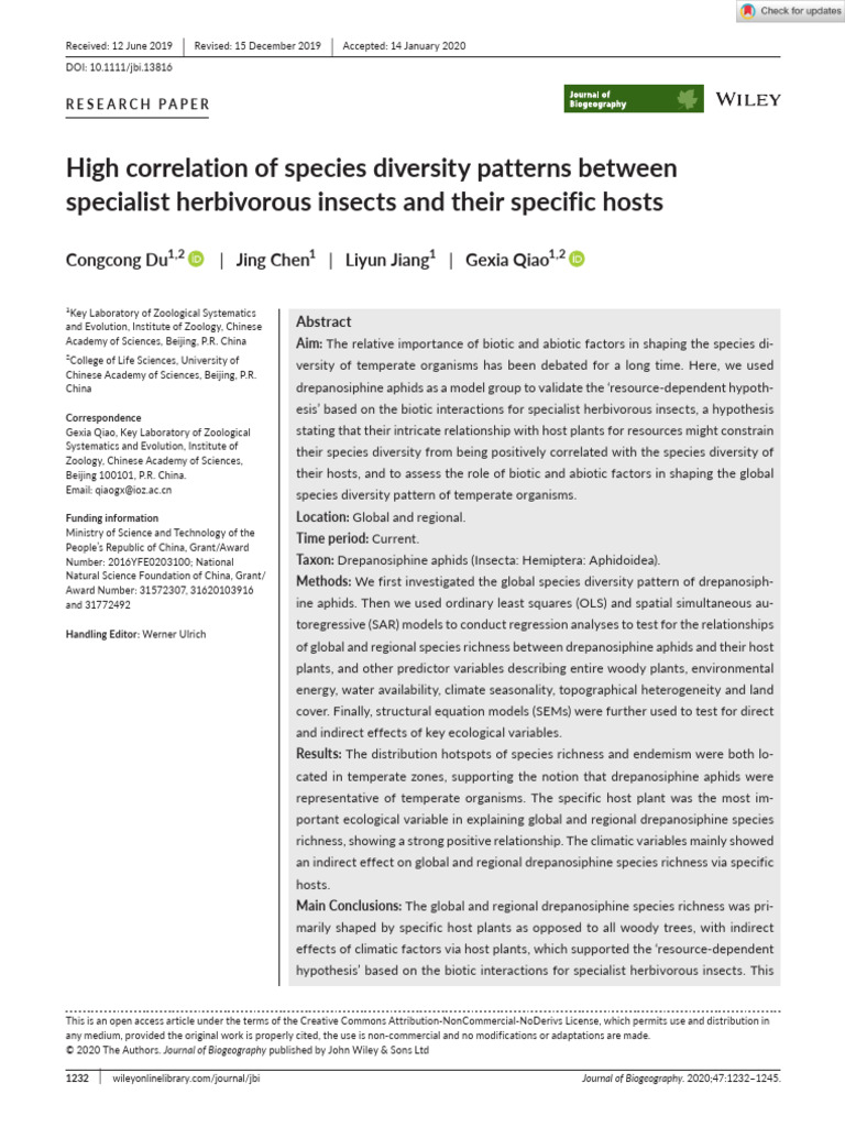 Du Et Al 2020 - High Correlation of Species Diversity Patterns Between ...