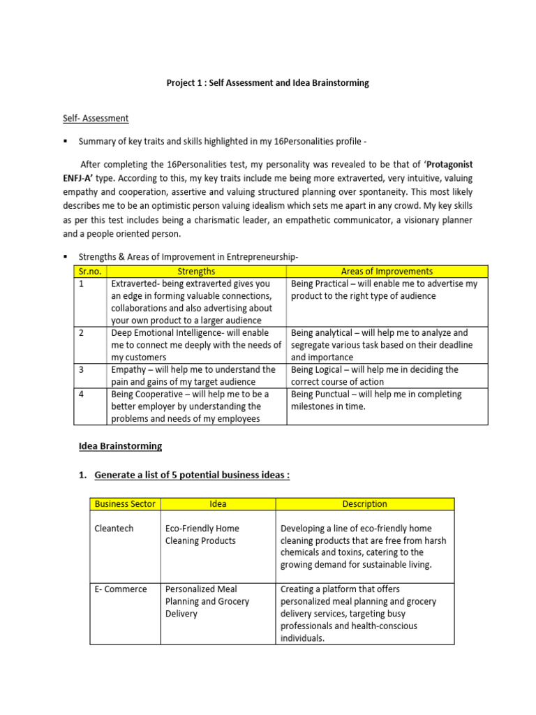 Business Ideas from Self-Assessment Insights | PDF | Empathy ...
