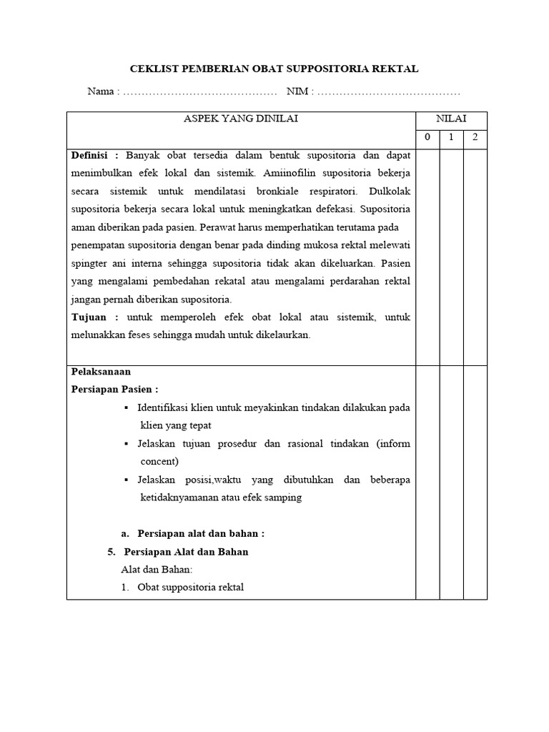 Ceklist Pemberian Obat Suppositoria Rektal | PDF