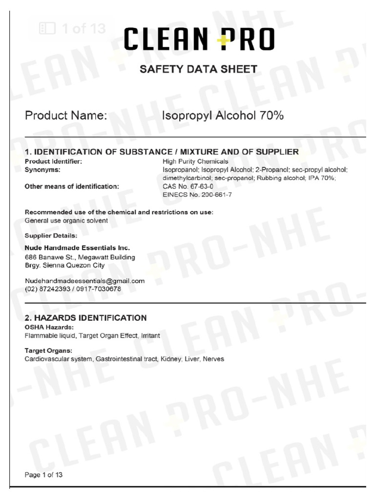 MSDS Clean Pro Alcohol | PDF