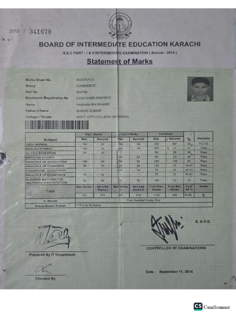 Inter Marksheet | PDF