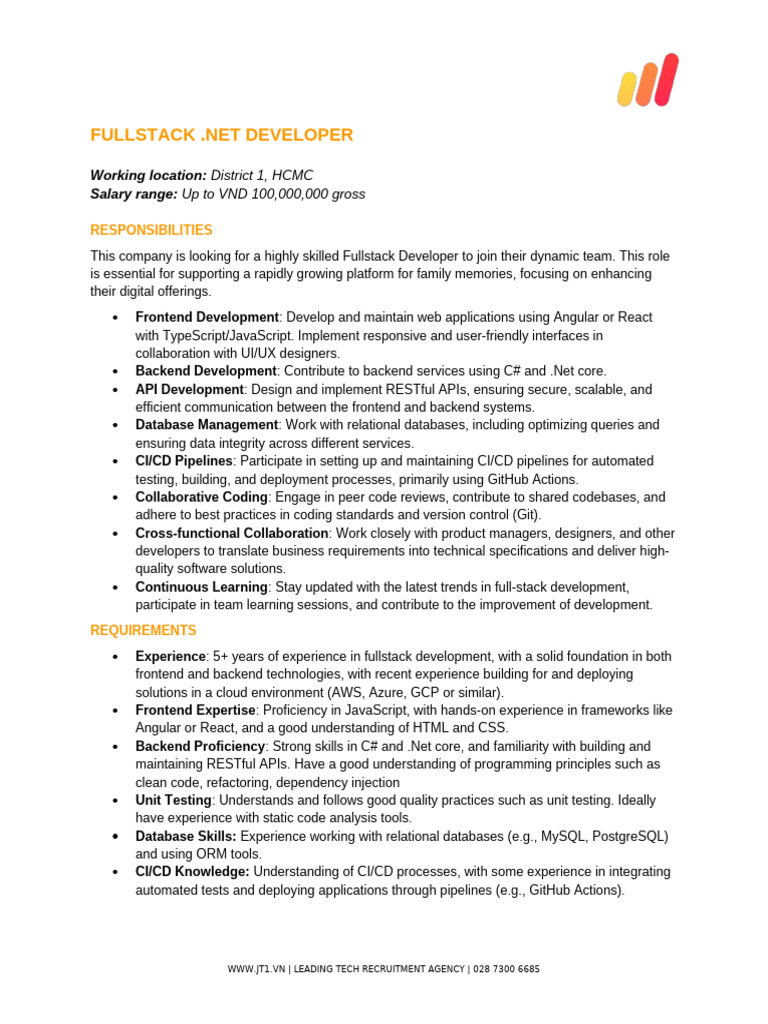 JT1 - JD - Fullstack .NET Developer | PDF | Software Development ...
