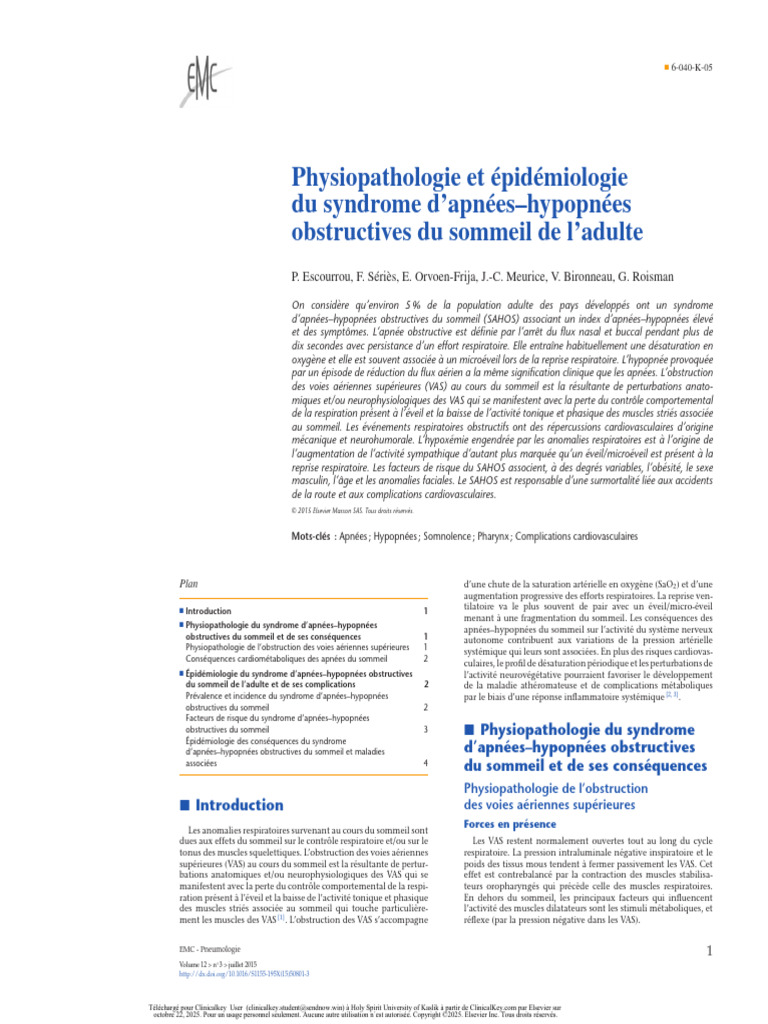 Physiopathologie et épidémiologie du SAHOS | PDF | Syndrome d'apnées du ...