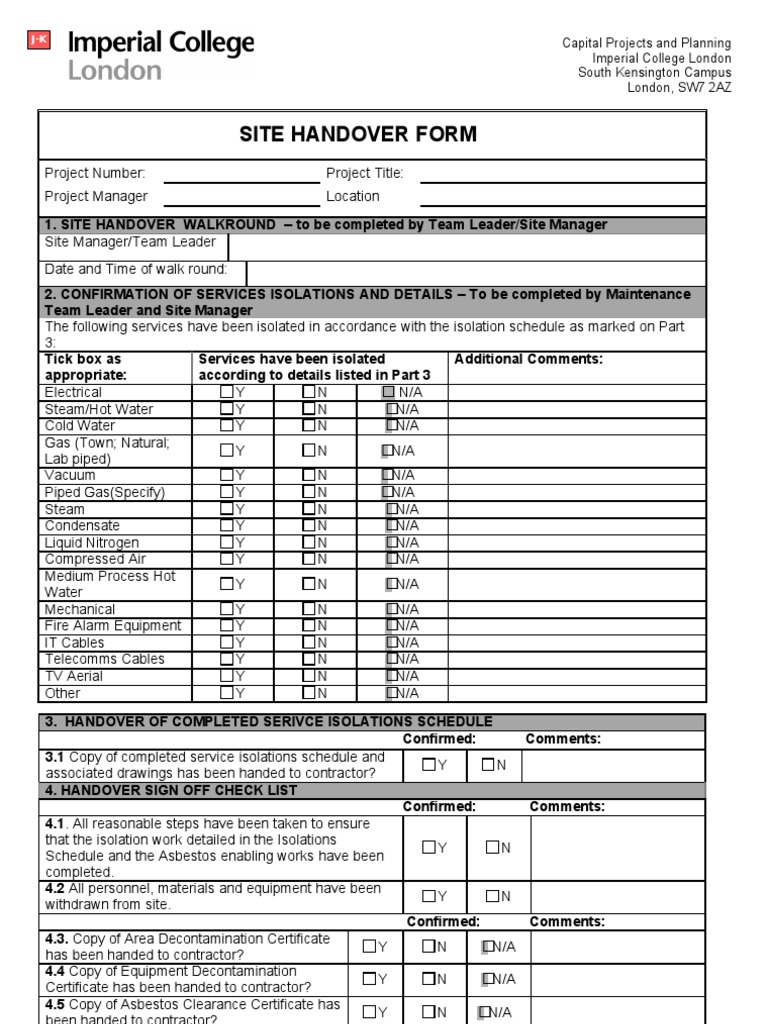 Site Handover Form for Capital Projects | PDF | Steam | Gases