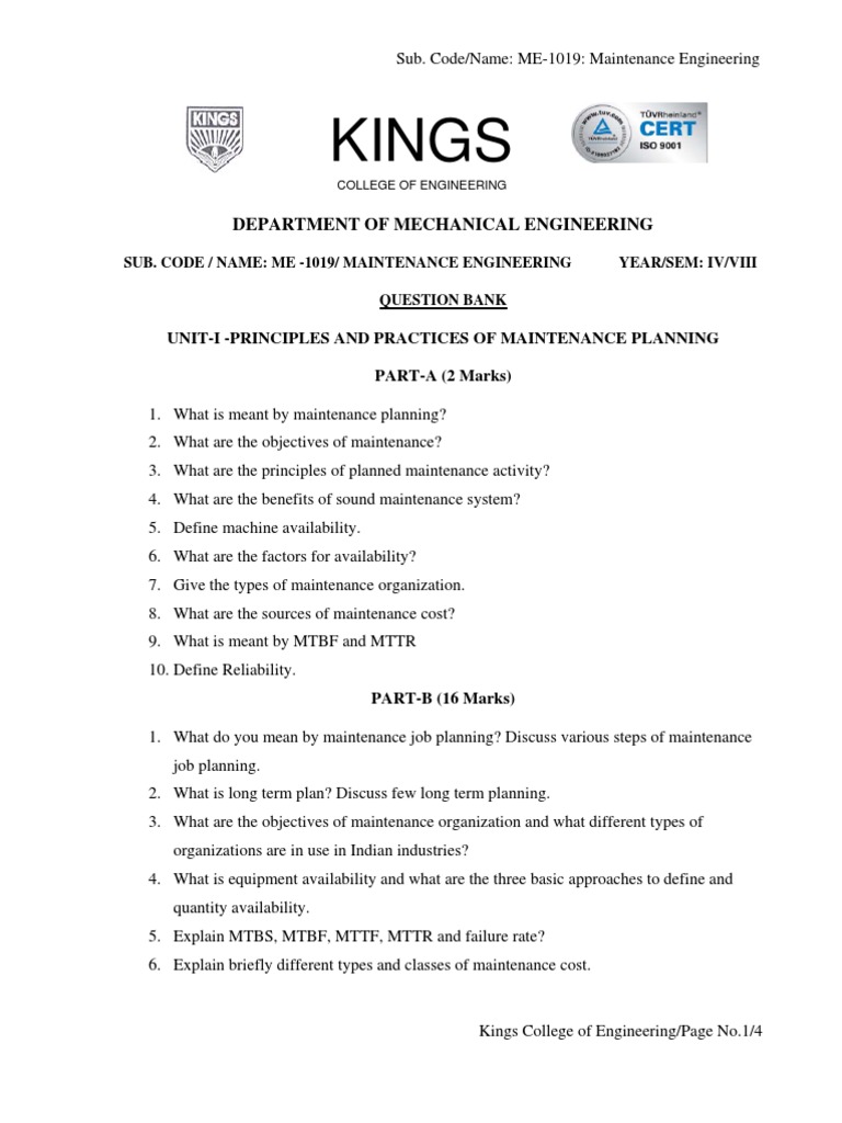 Maintenance Engineering Question Bank | PDF | Industries | Production ...