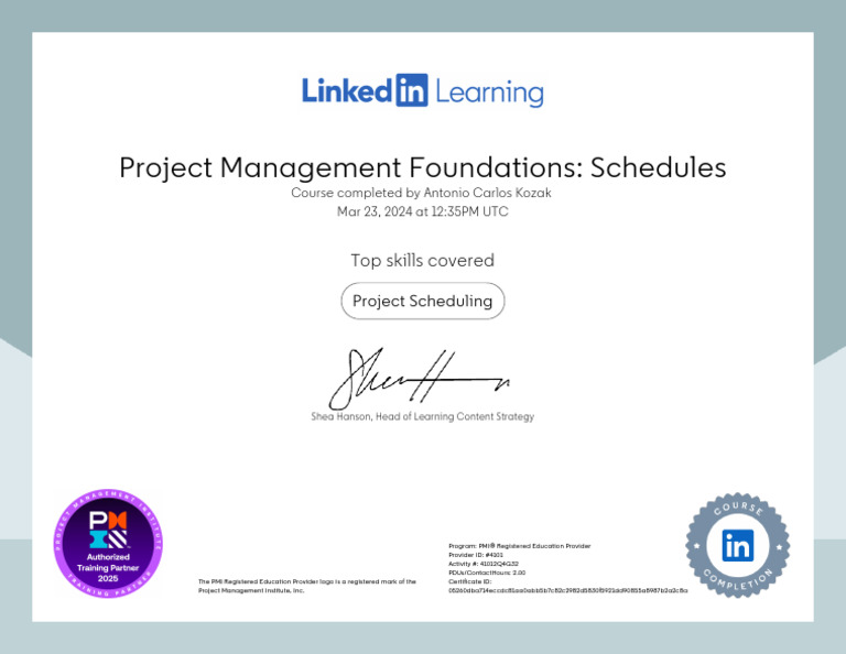 CertificateOfCompletion - Project Management Foundations Schedules | PDF
