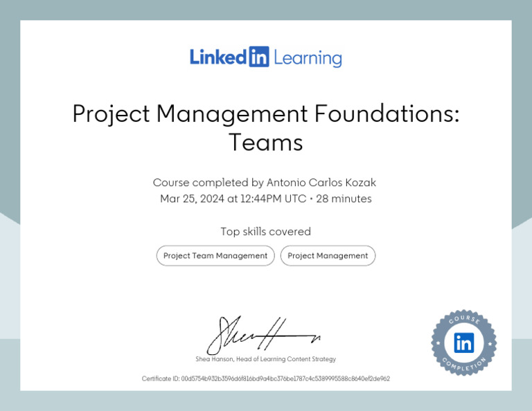 CertificateOfCompletion - Project Management Foundations Teams | PDF