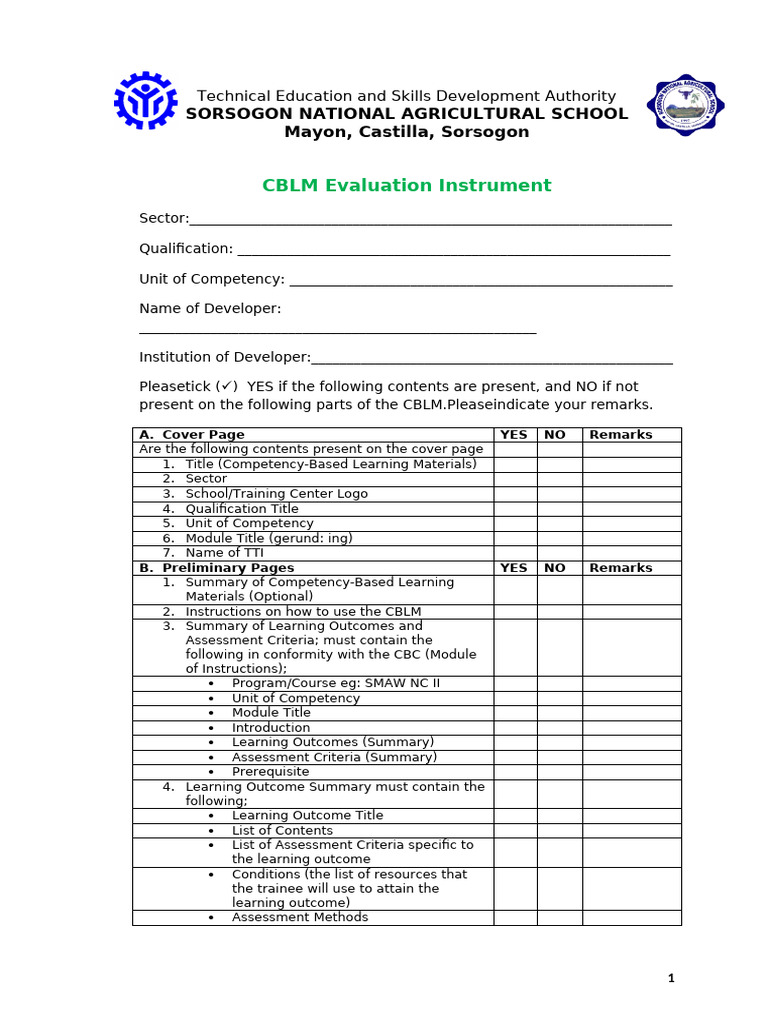 CBLM Evaluation Checklist for Schools | PDF