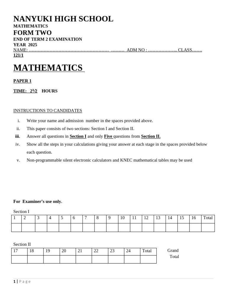 Form Two Mathematics Exam 2025 | PDF | Sphere | Area
