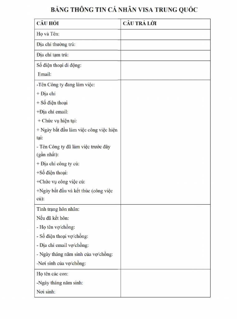Bang Dien Thong Tin CA Nhan Visa Trung Quoc-Sample | PDF