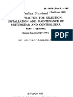 Indian Standard: Code of Practice For Selection, Installation and Maintenance of Switchgear and Controlgear