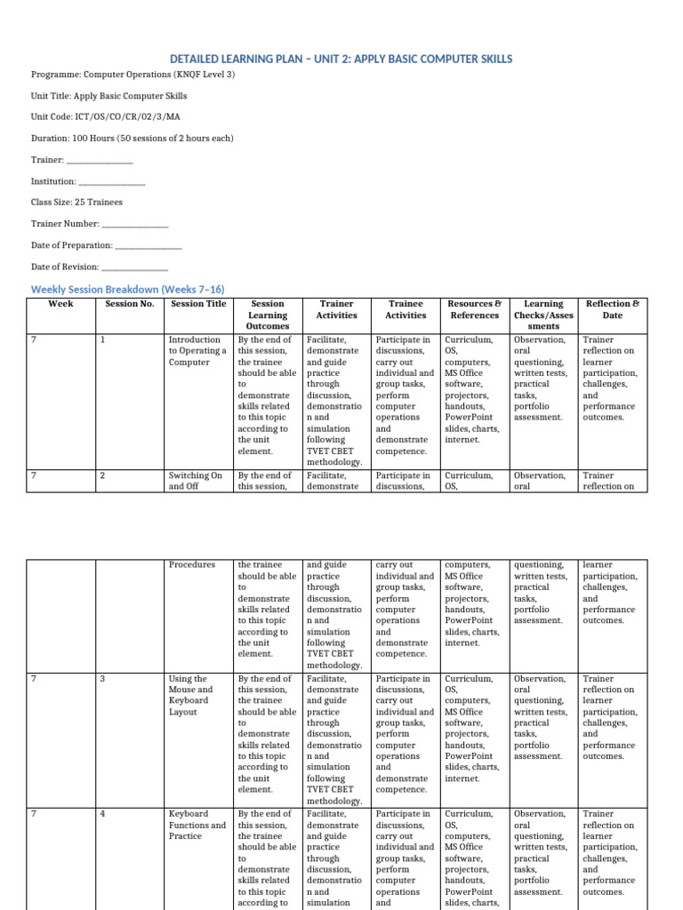Basic Computer Skills Learning Plan | PDF | Microsoft Power Point ...