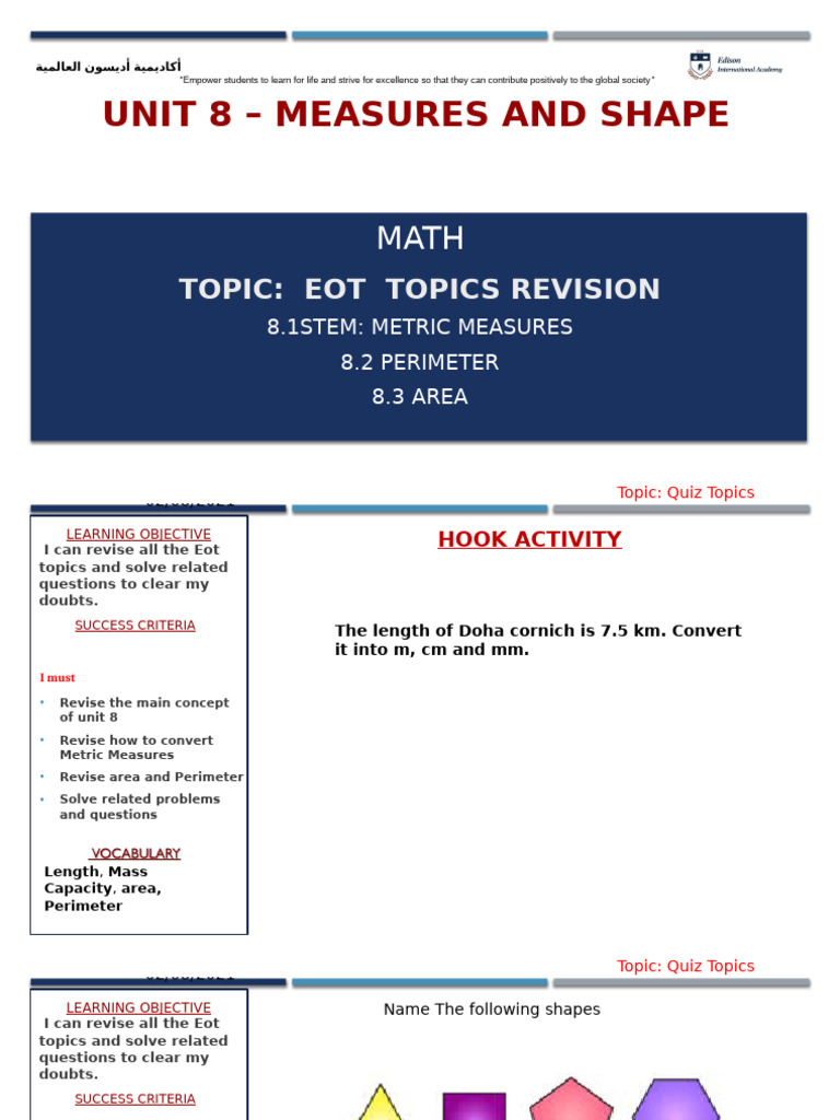 Unit 8: Metric Measures & Geometry | PDF | Area | Length