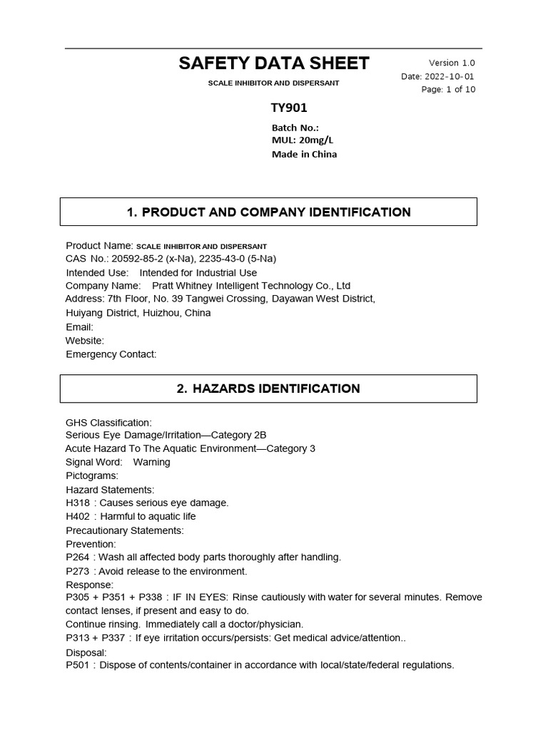 Scale Inhibitor Safety Data Sheet | PDF | Firefighting | Toxicity