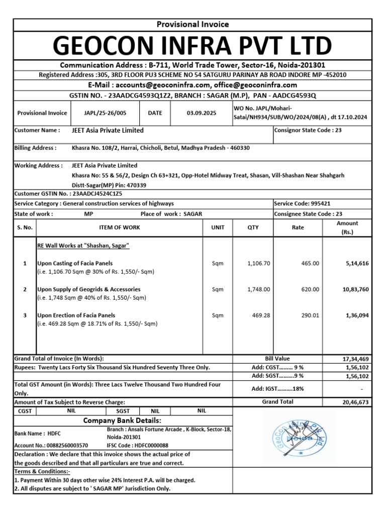 Provisional Invoice for RE Wall Works | PDF | Taxation | Government ...