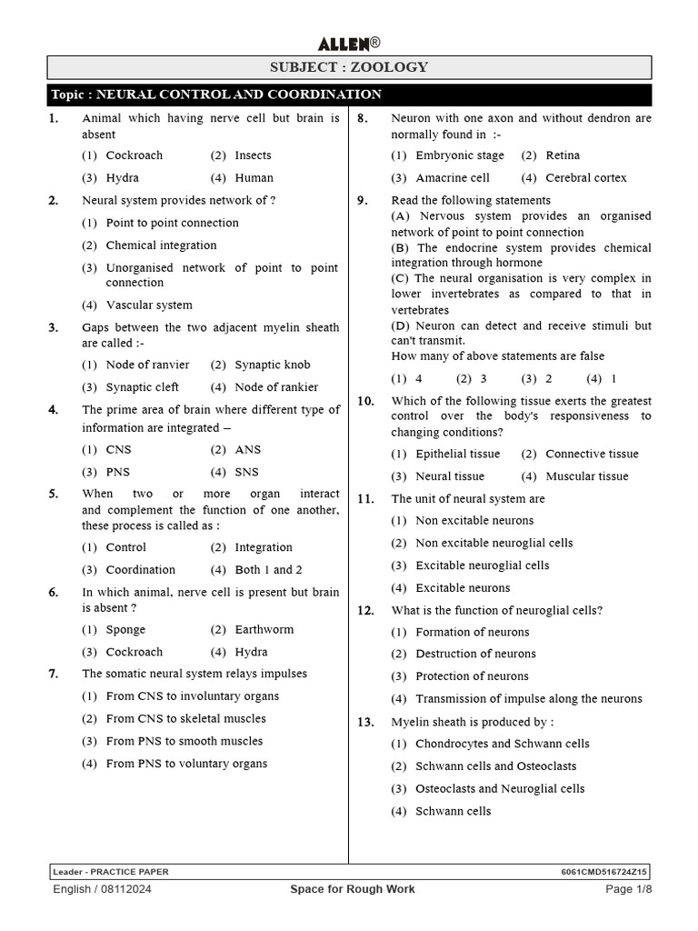 Neural Control and Coordination Quiz | PDF | Axon | Nervous System