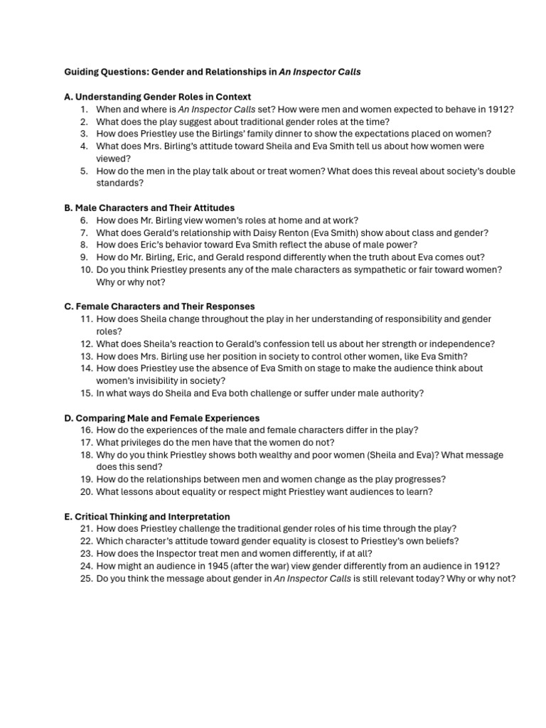 Guiding Questions - Gender Roles in 