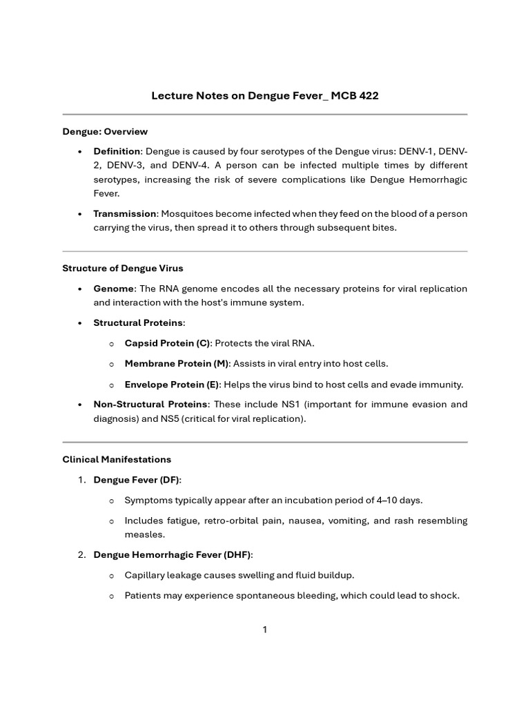 Lecture Notes On Dengue Fever - MCB 422 | PDF | Immune System | Virus