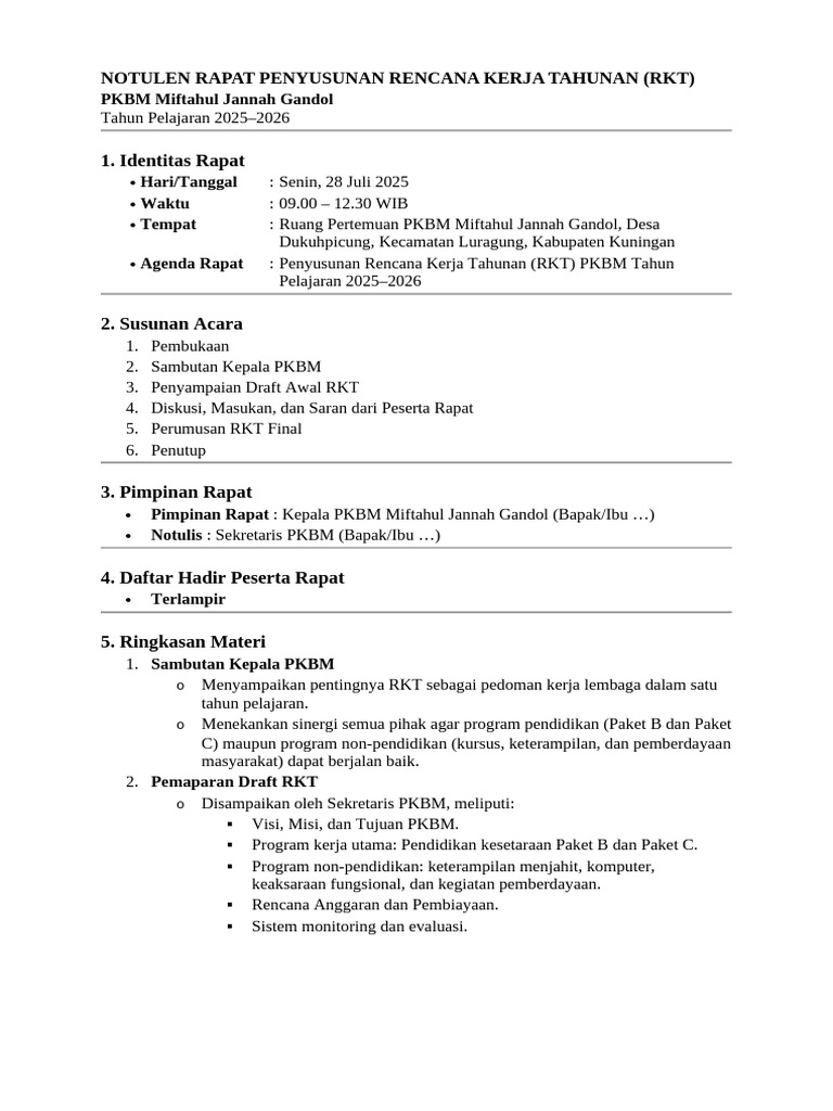 Notulen Rapat Penyusunan RKT 2025-2026 | PDF