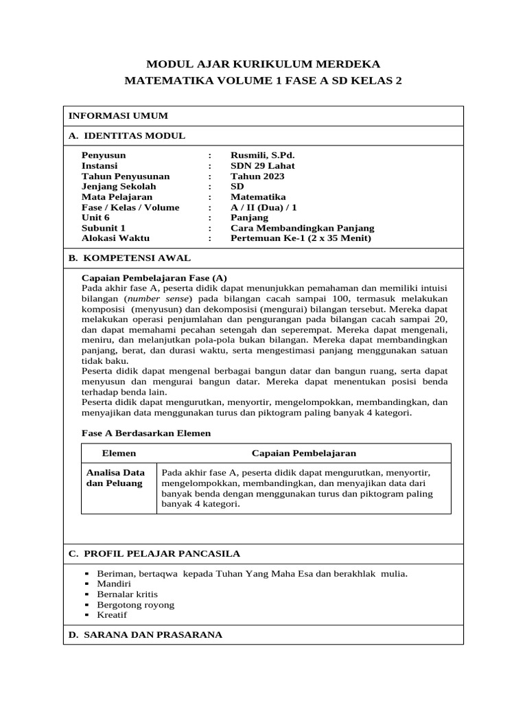 Modul Ajar Matematika SD Kelas 2 | PDF