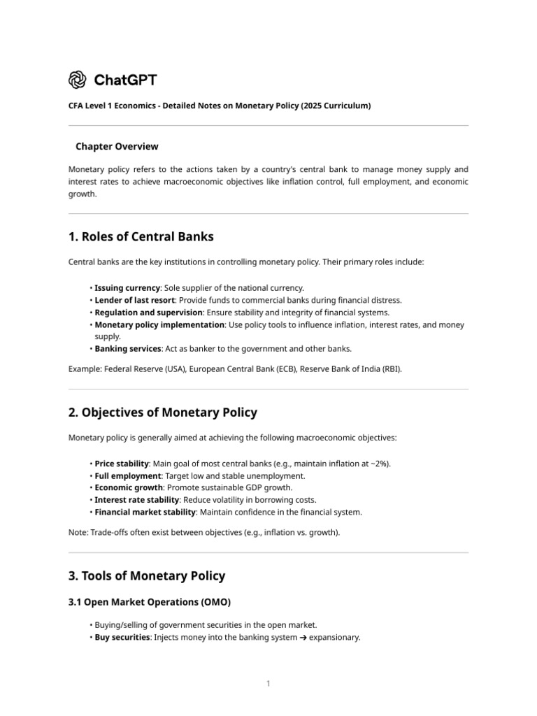 CFA Level 1: Monetary Policy Notes | PDF | Monetary Policy | Inflation