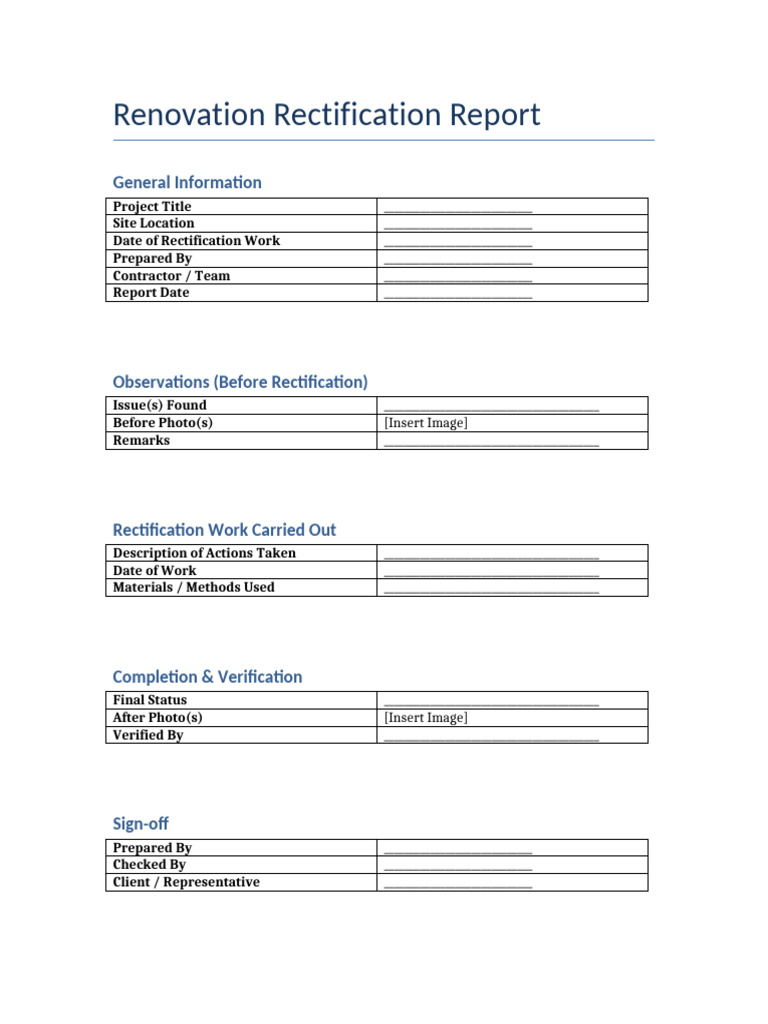 Renovation Rectification Report Tabular Styled | PDF