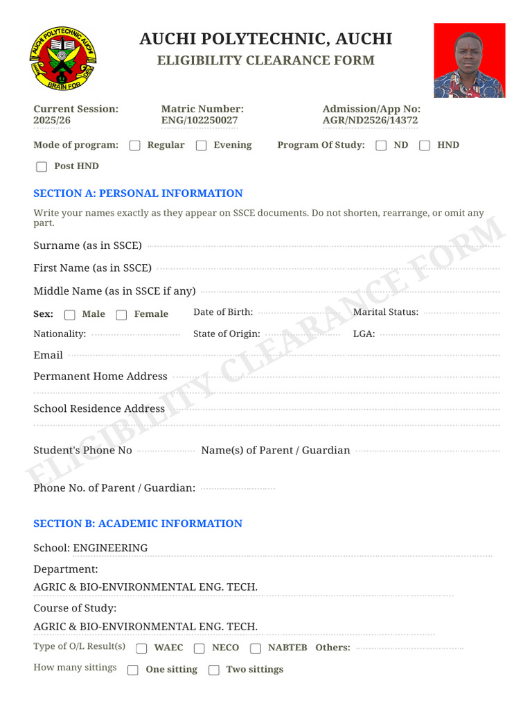 Auchi Polytechnic Eligibility Form | PDF | Qualifications | Vocational ...