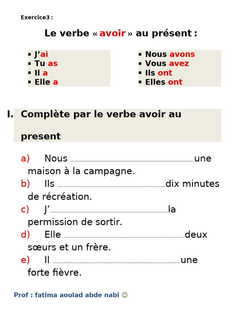 Exercice sur le verbe "avoir" au présent | PDF
