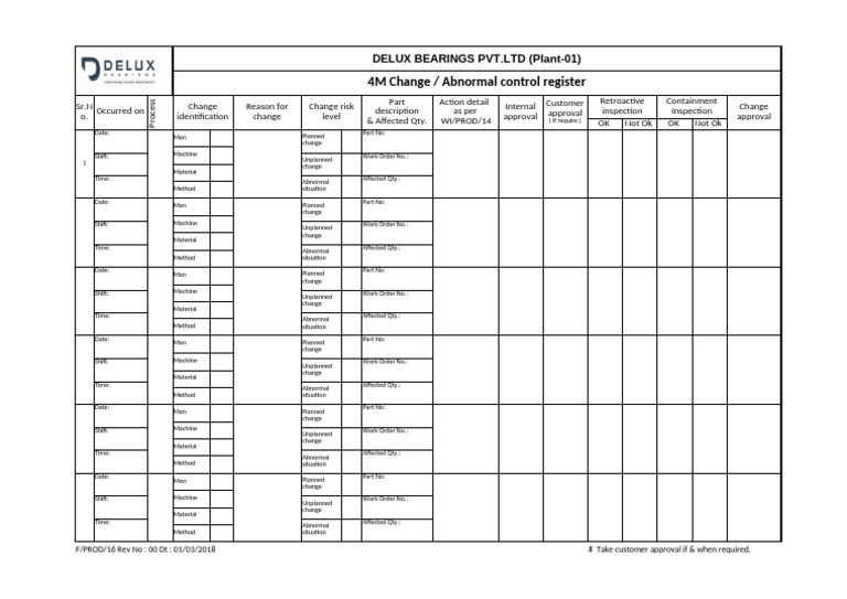 4M Change Control Log for DELUX Bearings | PDF