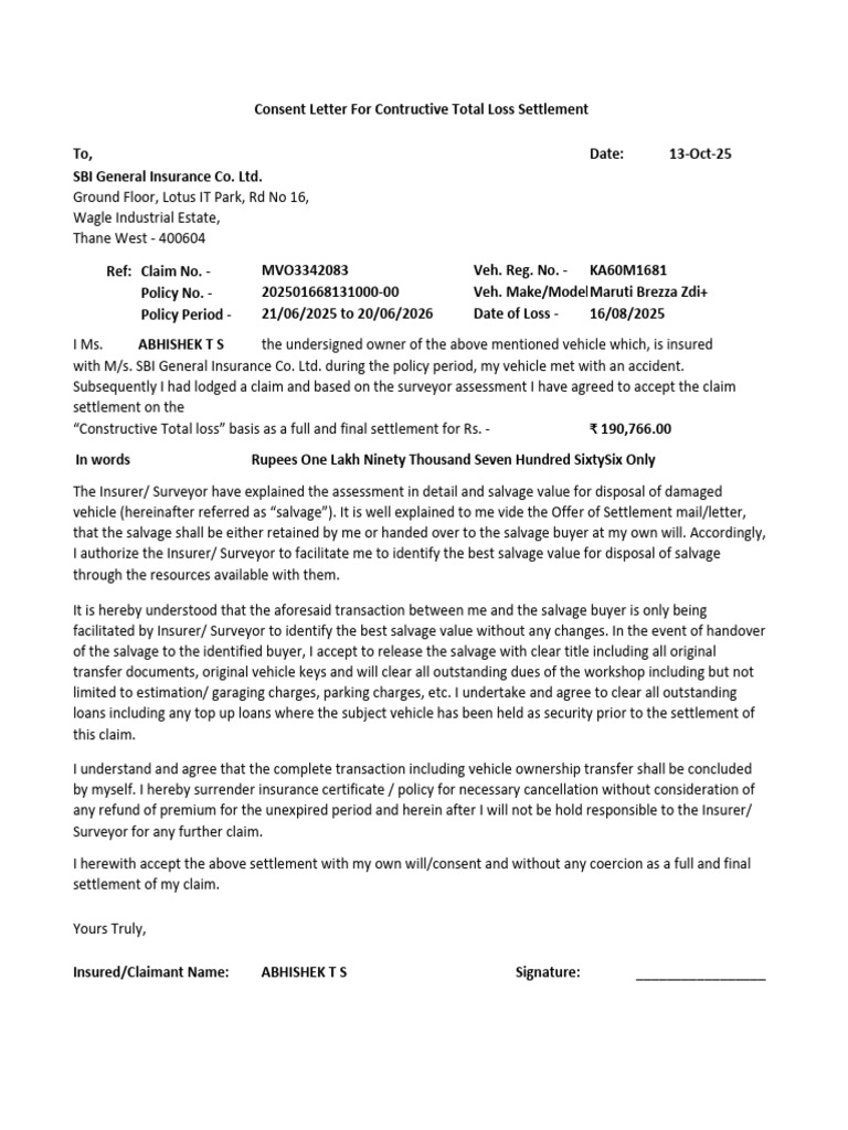 Consent Letter for Total Loss Settlement | PDF | Insurance | Financial Risk