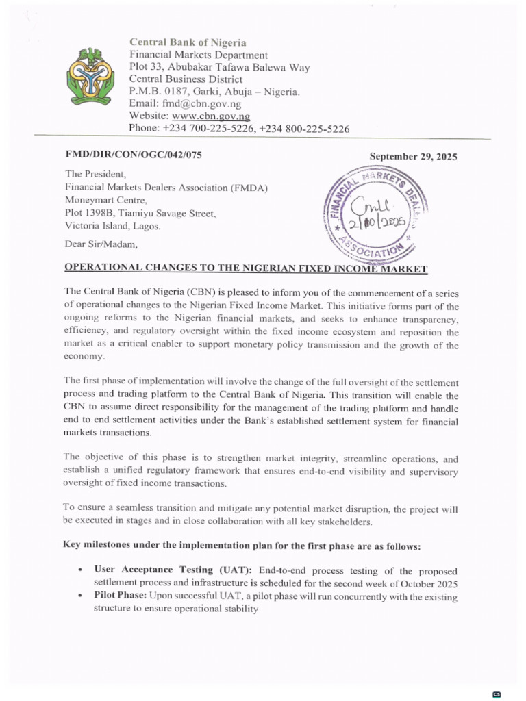 CBN Letter - Operational Changes To The Nigerian Fixed Income Market-1 ...