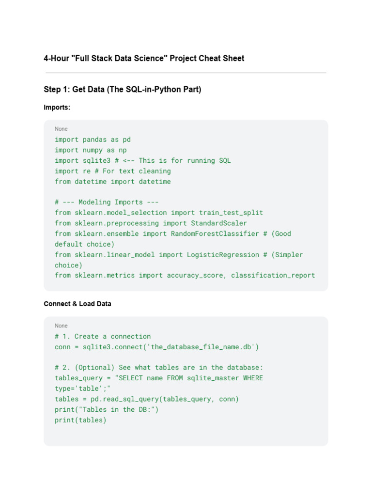 4-Hour - Full Stack Data Science - Project Cheat Sheet | PDF | Computer ...