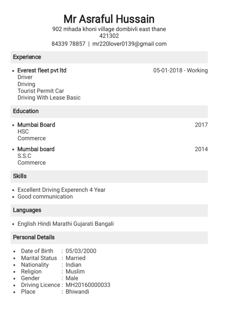 Driver Resume of Asraful Hussain | PDF