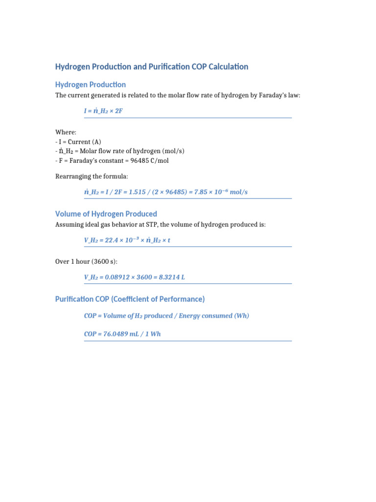 Hydrogen Production and COP Calculation | PDF