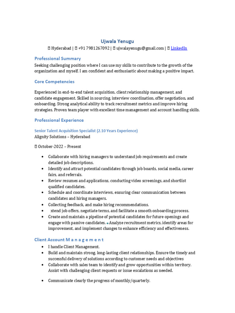 Ujwala Updated Resume - 27.06.05!1!1 | PDF | Recruitment | Business