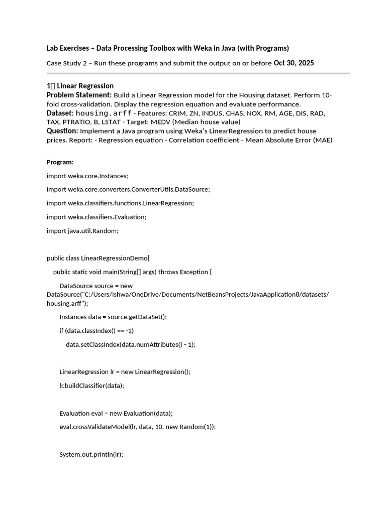 Weka Java Lab Exercises for ML Models | PDF | Cross Validation ...