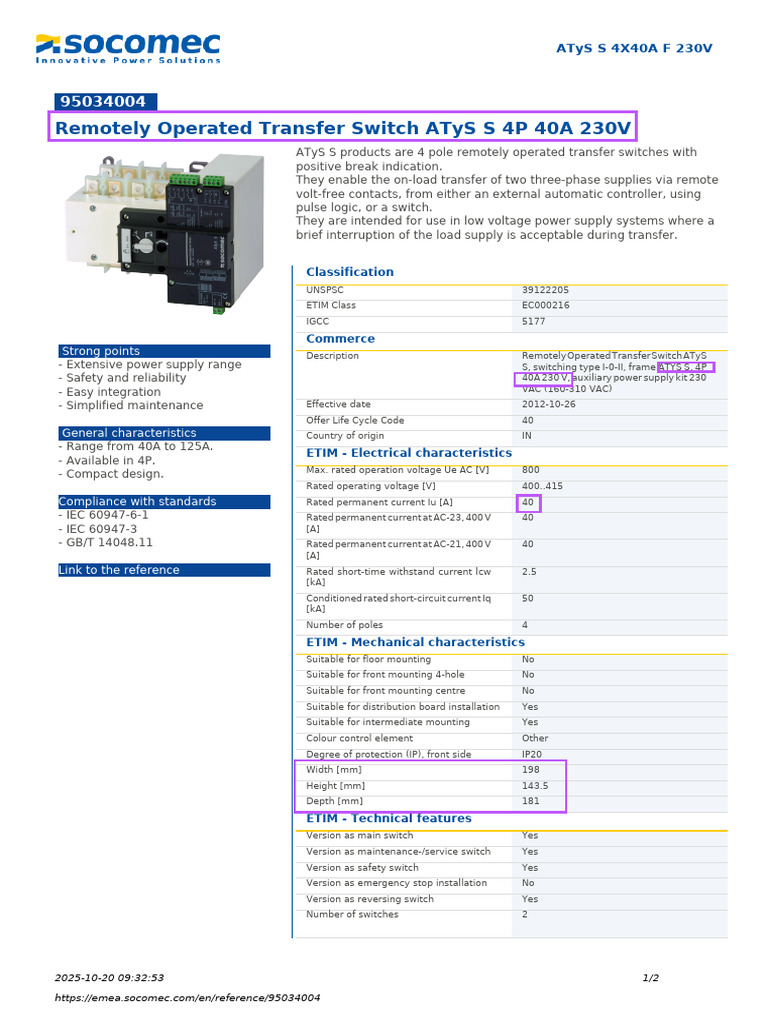 Remotely Operated Transfer Switch Atys S 4P 40A 230V: Strong Points ...
