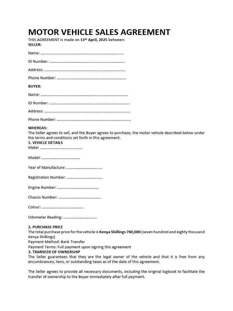 Motor Vehicle Sale Agreement | PDF | Payments | Sales