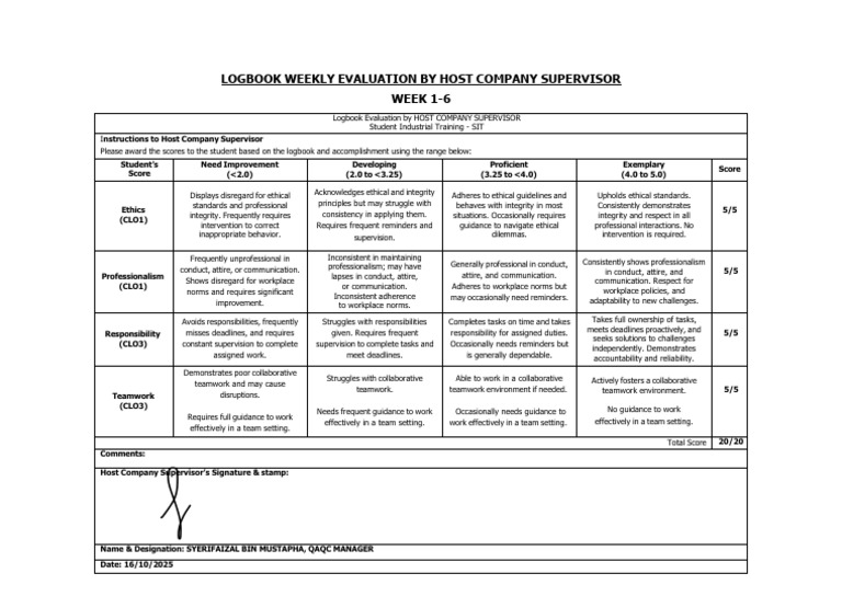 Weekly Logbook Evaluation for SIT | PDF