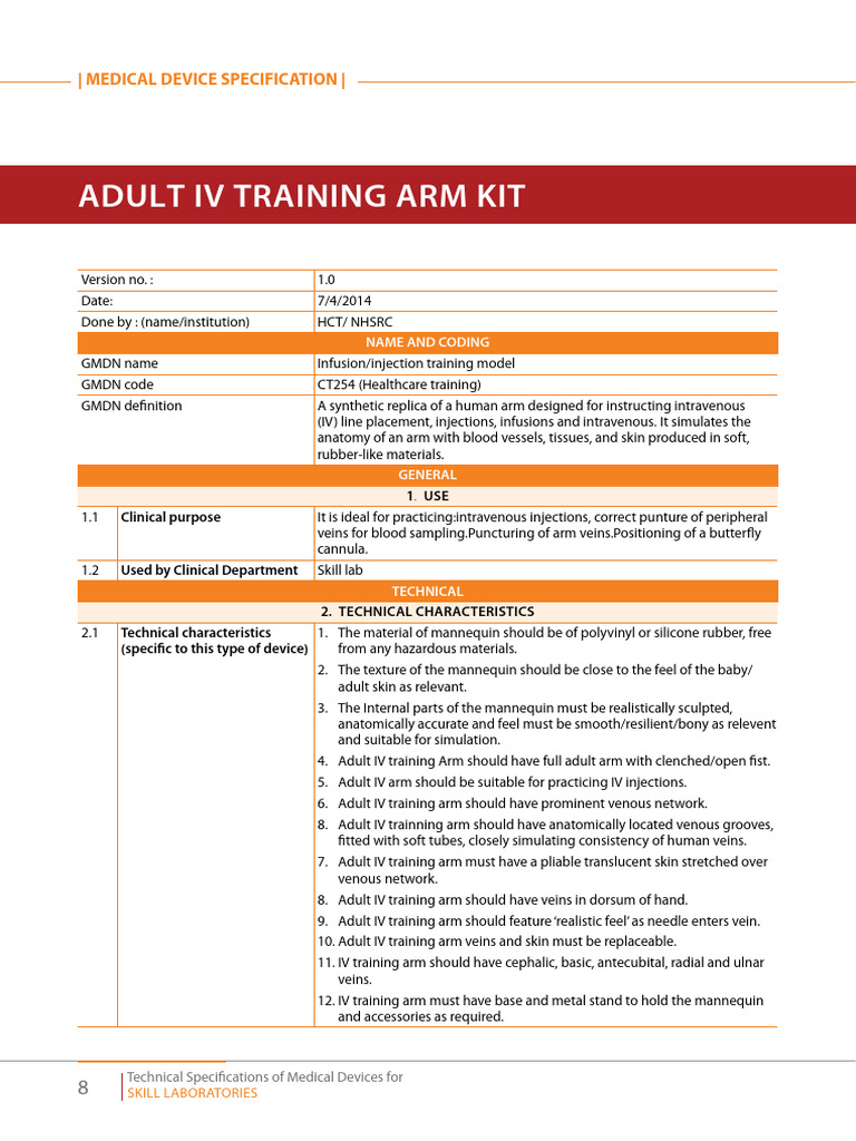 Adult IV Training Arm Specifications | PDF | Intravenous Therapy