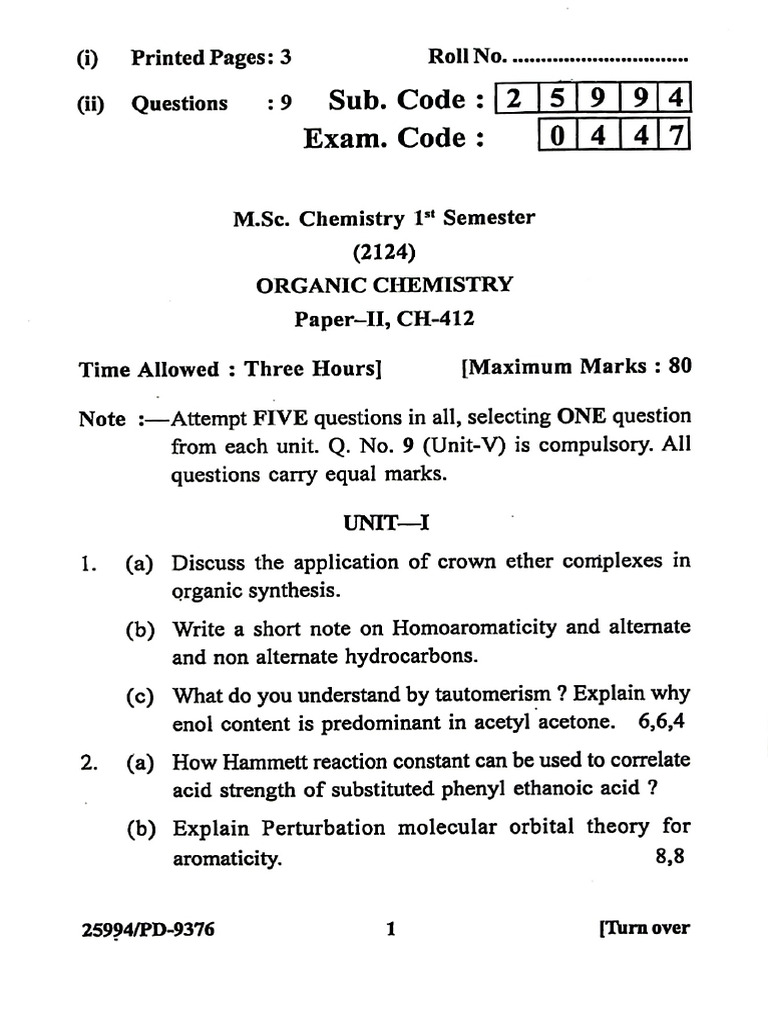 MSC Chemistry 1st Sem CH 412 Paper II Organic Chemistry December 2024 | PDF
