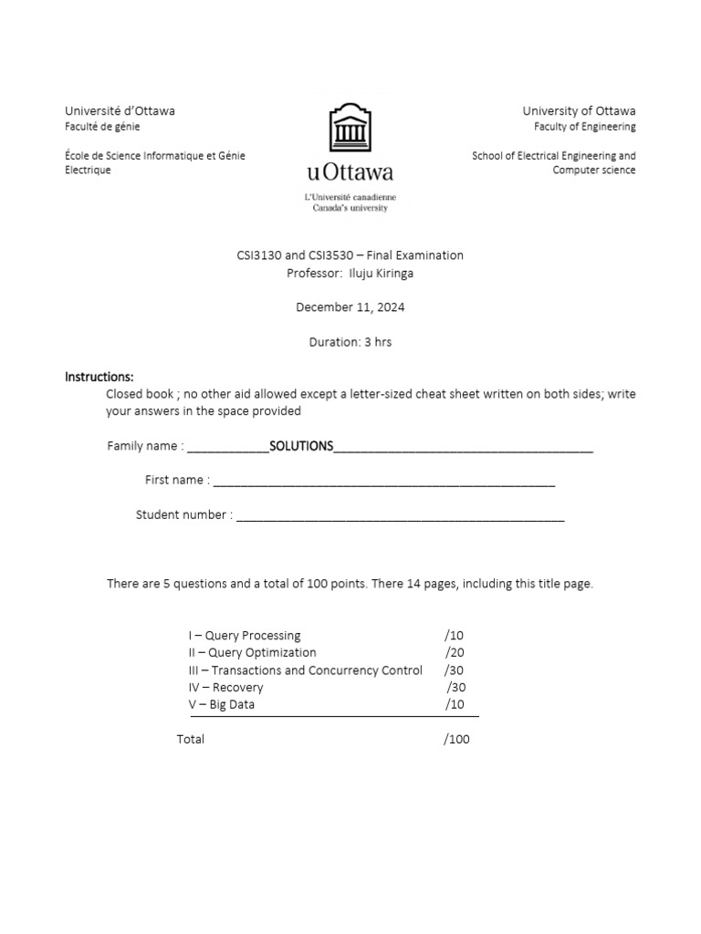 UOttawa CSI3130/3530 Final Exam 2024 | PDF | Data Management | Computer ...
