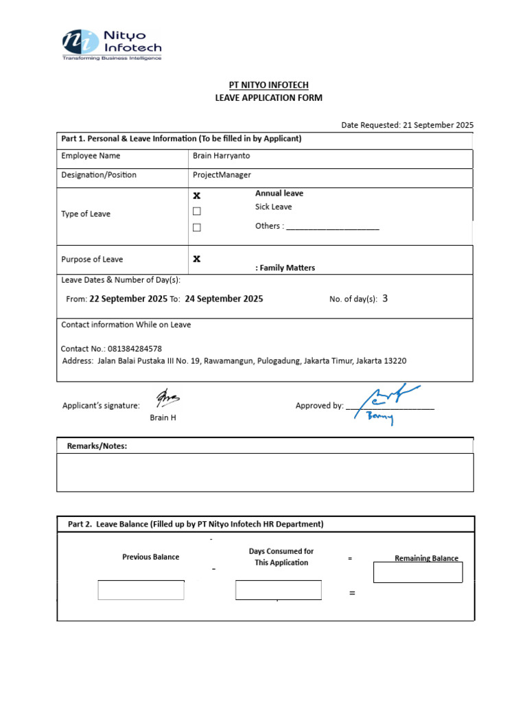 Nityo Leave Application Form BDX 66069012 NIE0860!22!24 September 2025 ...