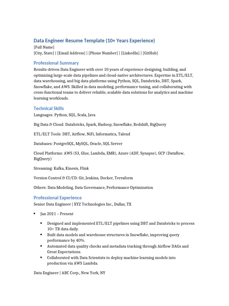 Data Engineer Resume Template | PDF | Apache Spark | Computer Science