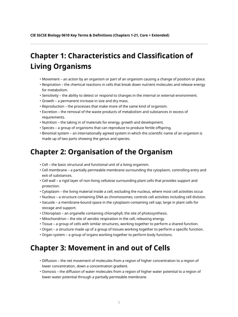 CIE IGCSE Biology Key Terms Guide | PDF | Enzyme | Cell (Biology)