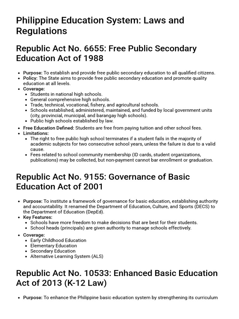 Philippine Education Laws Overview | PDF | Schools | Secondary Education