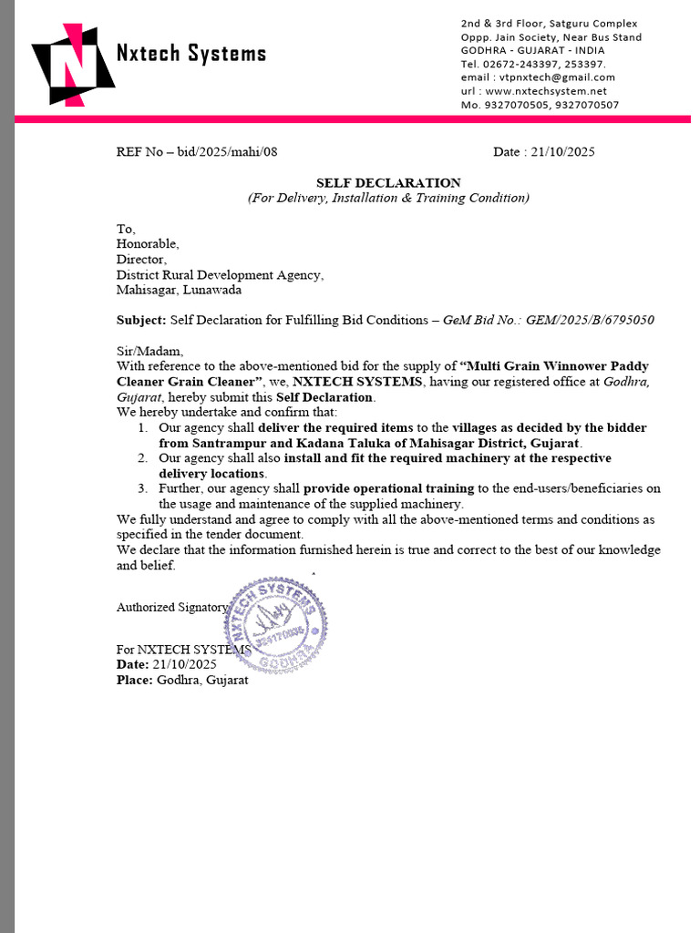 NXTECH Systems Bid Declaration 2025 | PDF