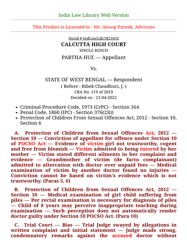 Calcutta High Court Ruling on POCSO Case | PDF | Judgment (Law) | Trials