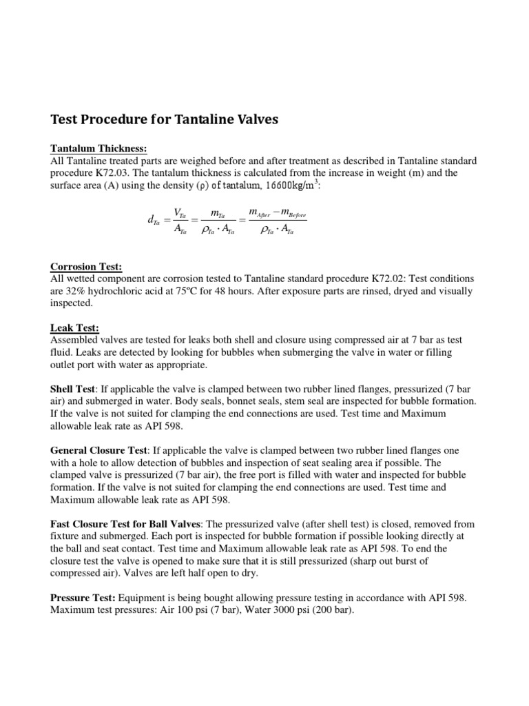 Tantaline Valve Testing Procedures | PDF | Technology & Engineering